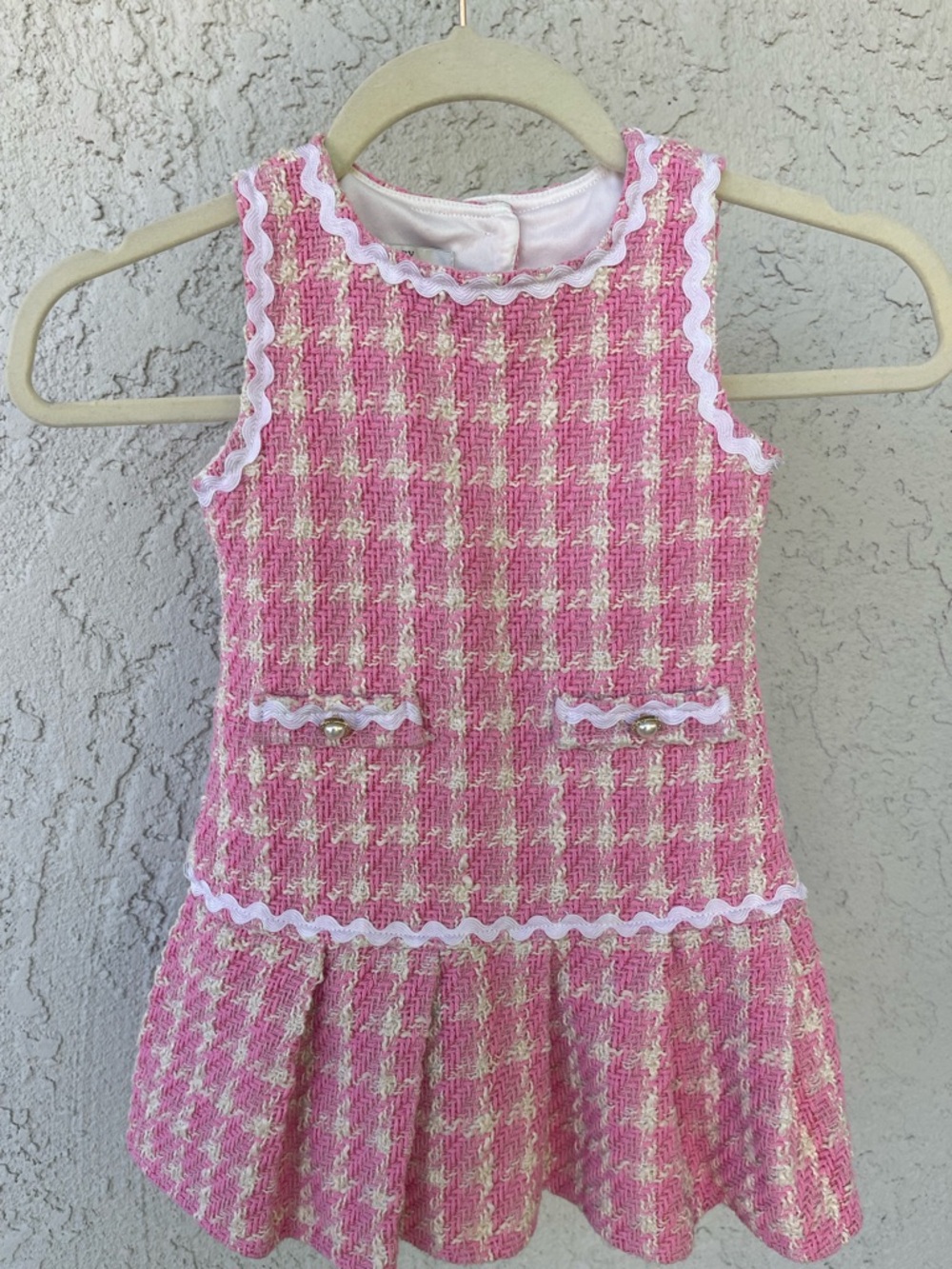 Girls' Pink Tweed Houndstooth Sleeveless Dress